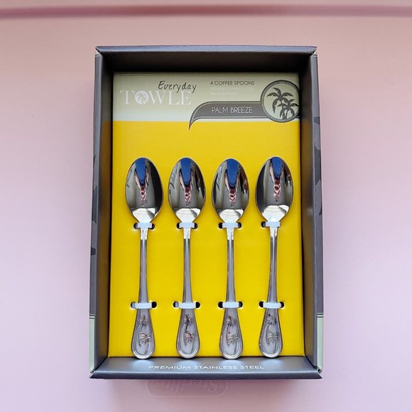 NEW Everyday Towle Spoons Palm Breeze Tree Set of 4 Small Coffee Stainless Steel - Picture 1 of 4